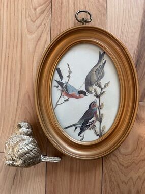 Gold Framed Oval Bird Print with gold bird figurine set